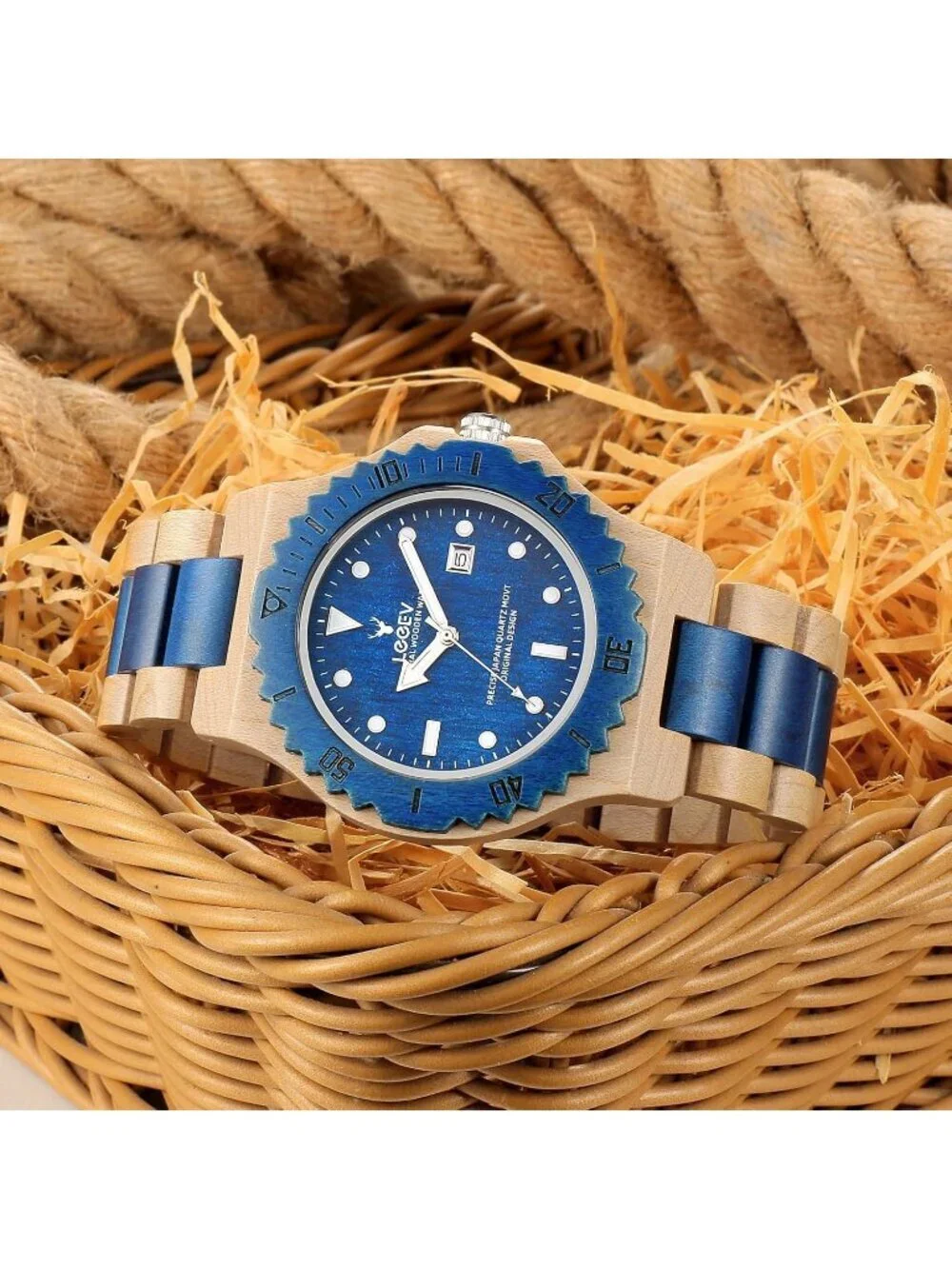 Men's Blue Handcrafted Sandalwood Vintage Calendar Analog Wrist Wooden Watch
